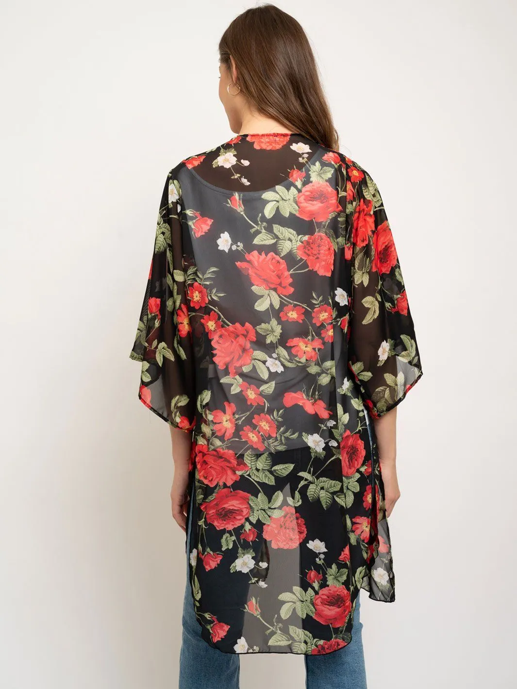 WOMEN'S FLORAL 3/4 SLEEVES LONG KIMONO