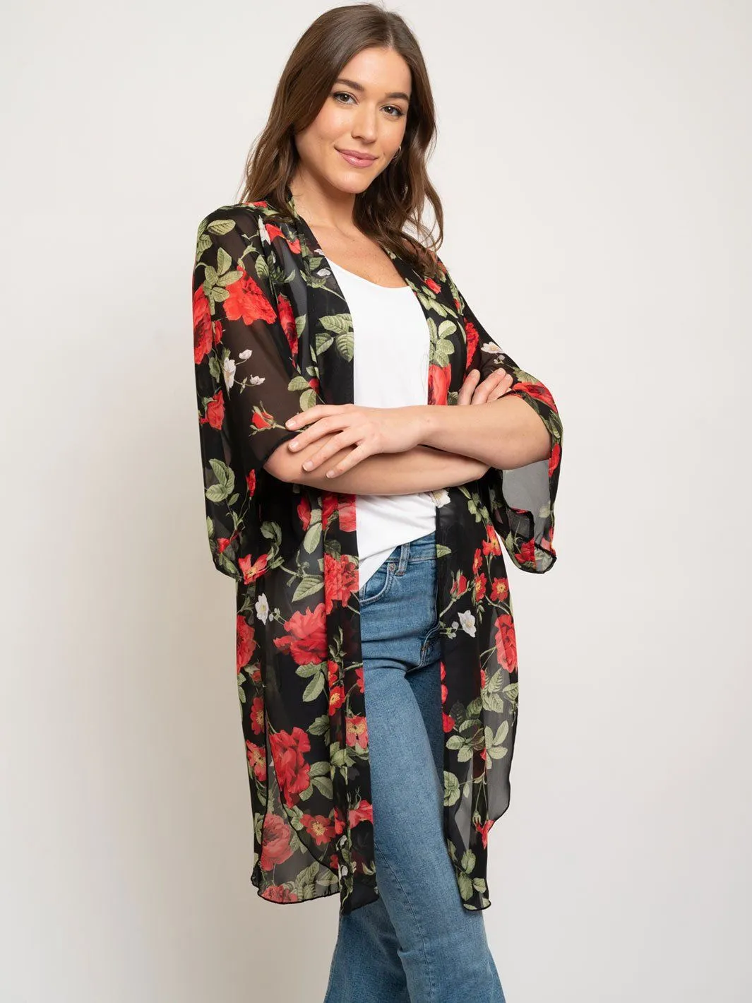 WOMEN'S FLORAL 3/4 SLEEVES LONG KIMONO