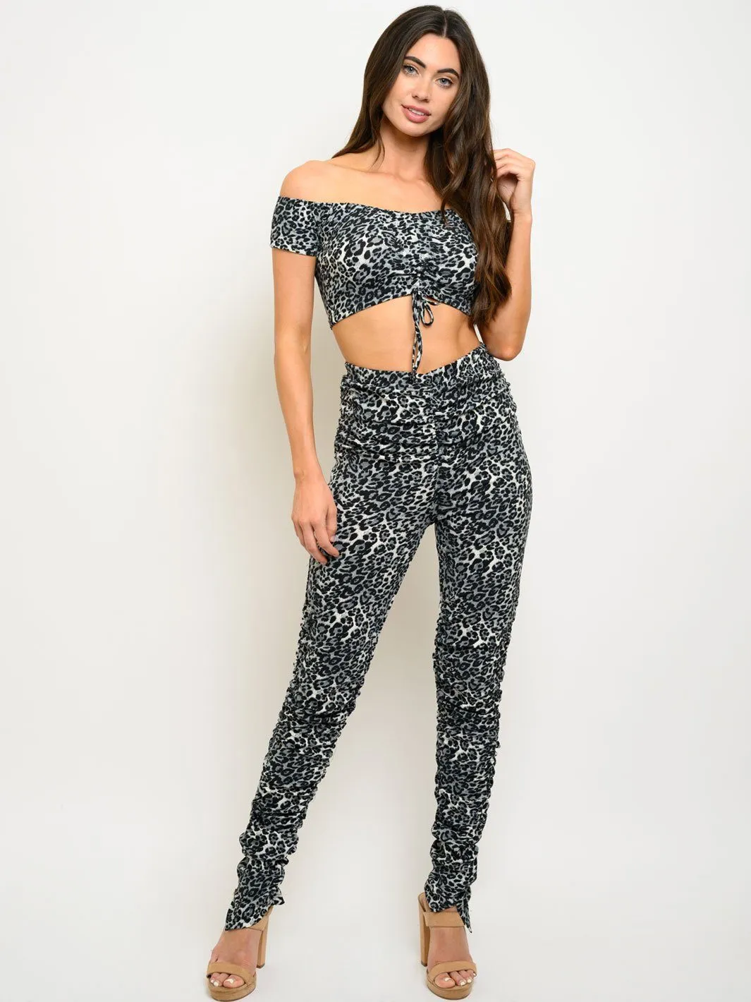 WOMEN'S LEOPARD OFF SHOULDER RUCHED 2PC. SET
