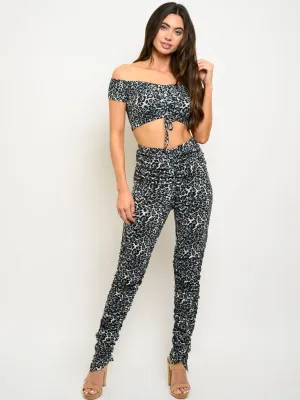 WOMEN'S LEOPARD OFF SHOULDER RUCHED 2PC. SET