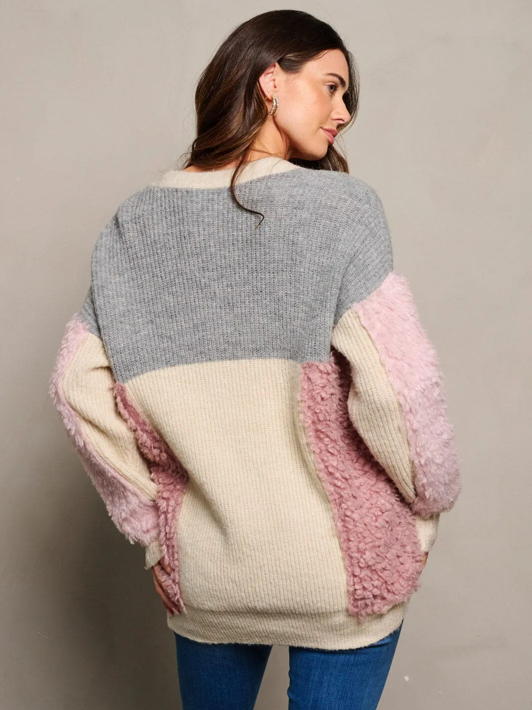 WOMEN'S LONG SLEEVE BUTTON CLOSURE FUZZY COLORBLOCK CARDIGAN SWEATER