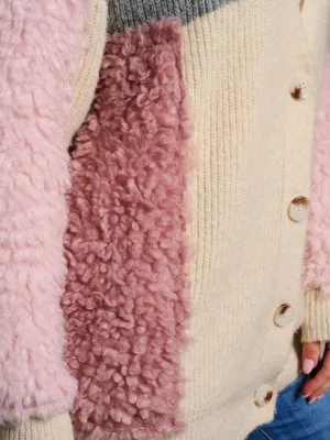 WOMEN'S LONG SLEEVE BUTTON CLOSURE FUZZY COLORBLOCK CARDIGAN SWEATER