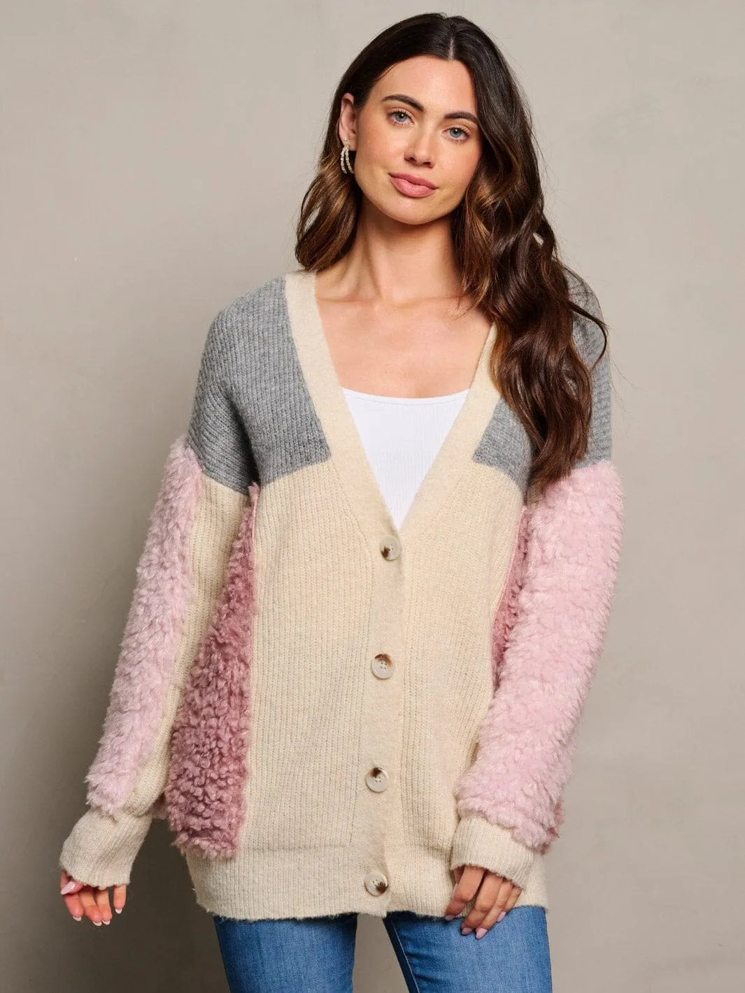 WOMEN'S LONG SLEEVE BUTTON CLOSURE FUZZY COLORBLOCK CARDIGAN SWEATER