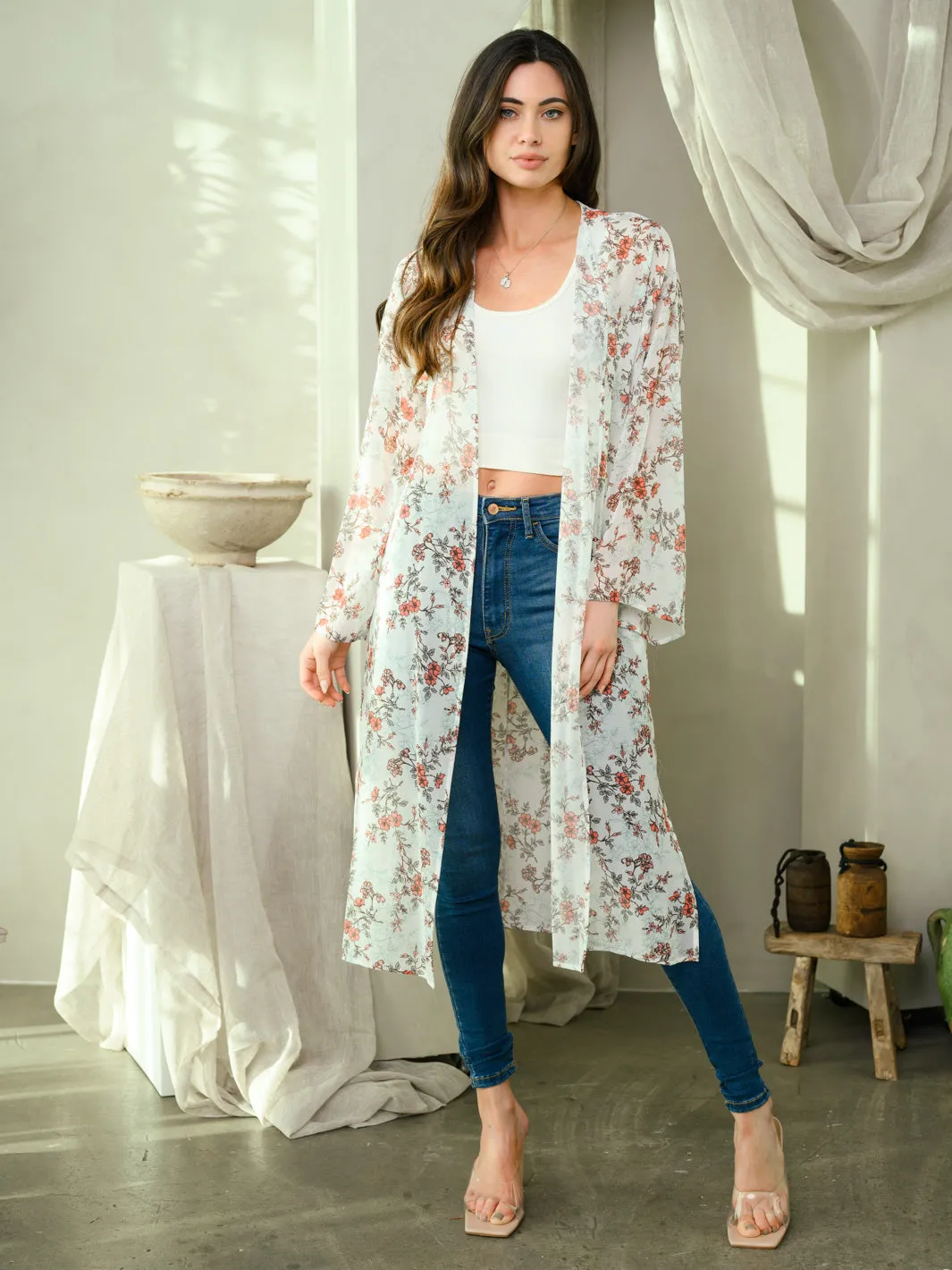 WOMEN'S LONG SLEEVE FLORAL SLIT KIMONO