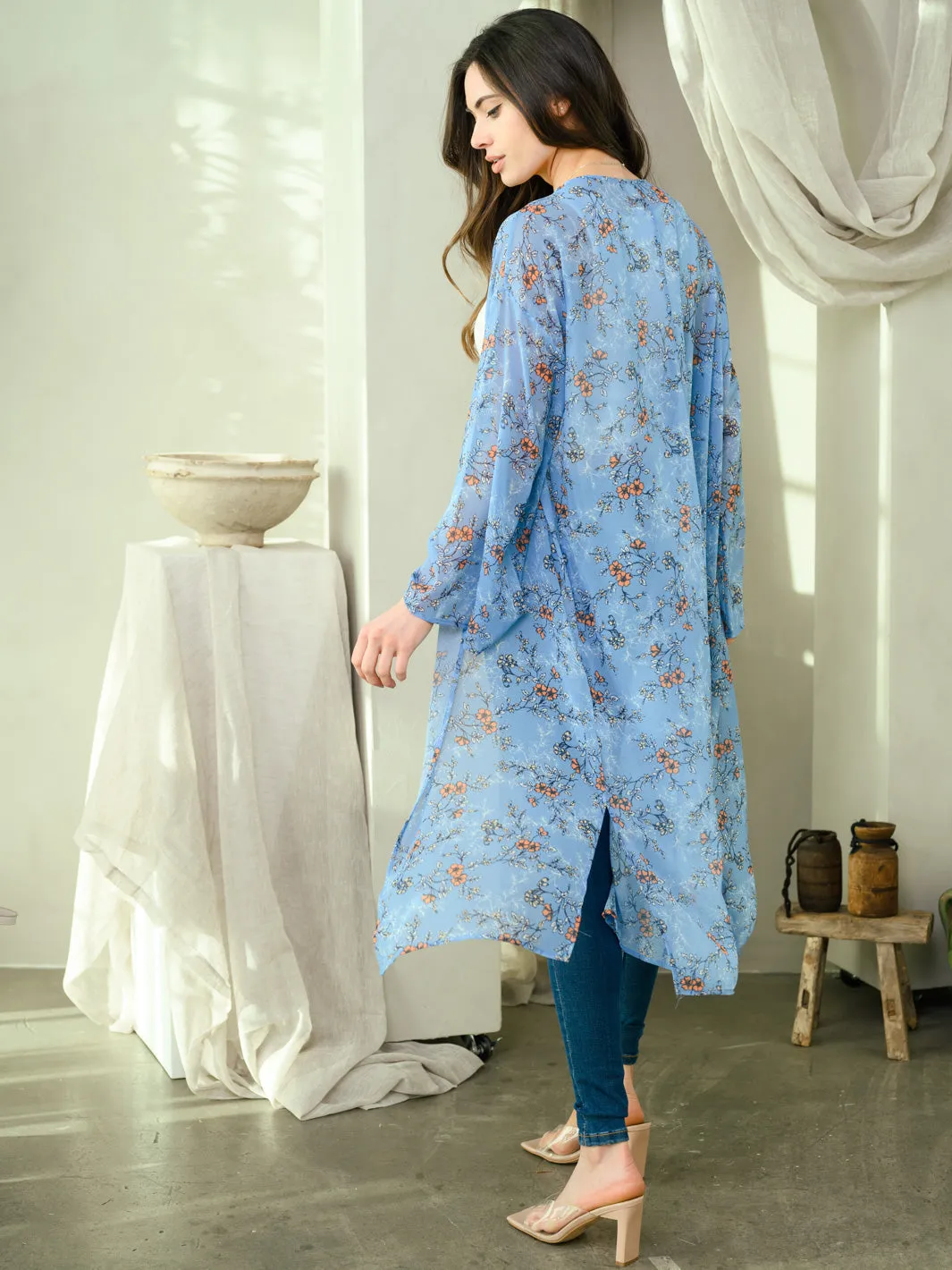 WOMEN'S LONG SLEEVE FLORAL SLIT KIMONO