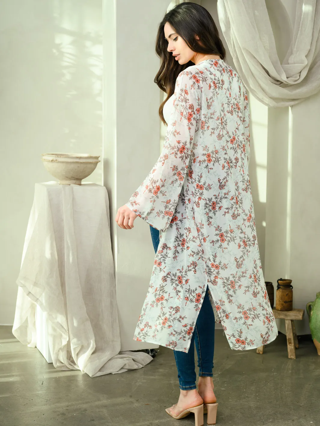 WOMEN'S LONG SLEEVE FLORAL SLIT KIMONO
