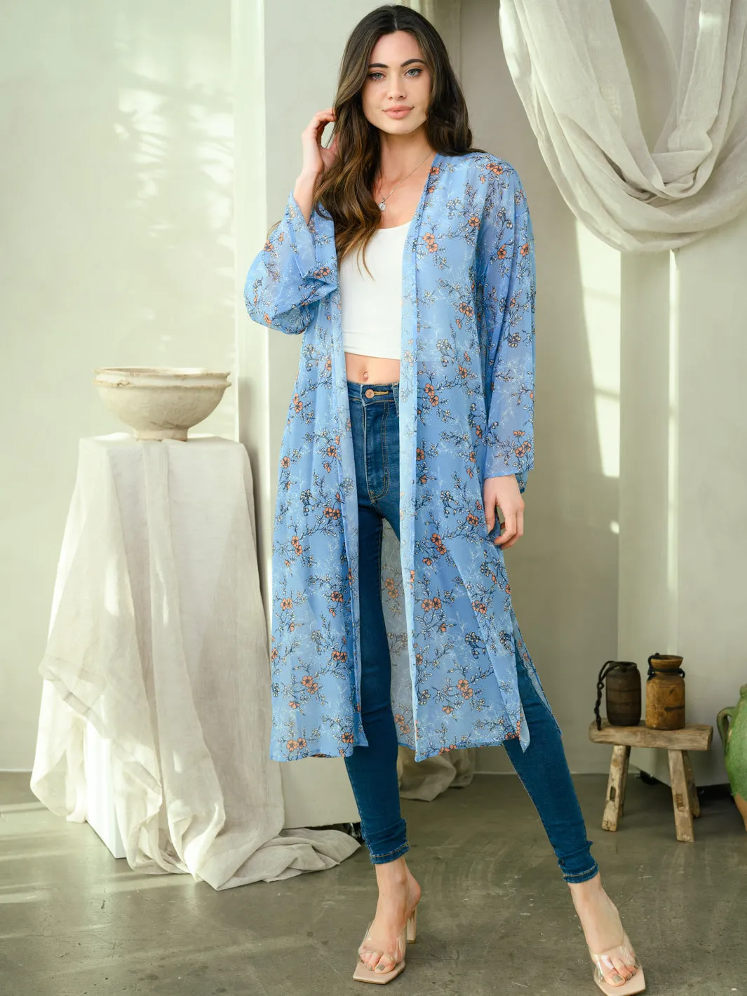 WOMEN'S LONG SLEEVE FLORAL SLIT KIMONO