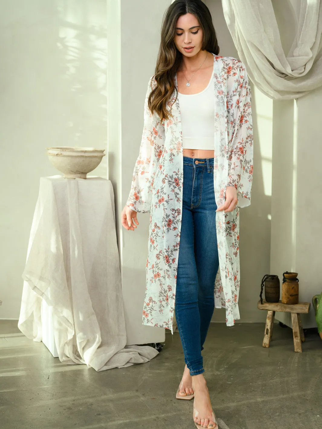 WOMEN'S LONG SLEEVE FLORAL SLIT KIMONO