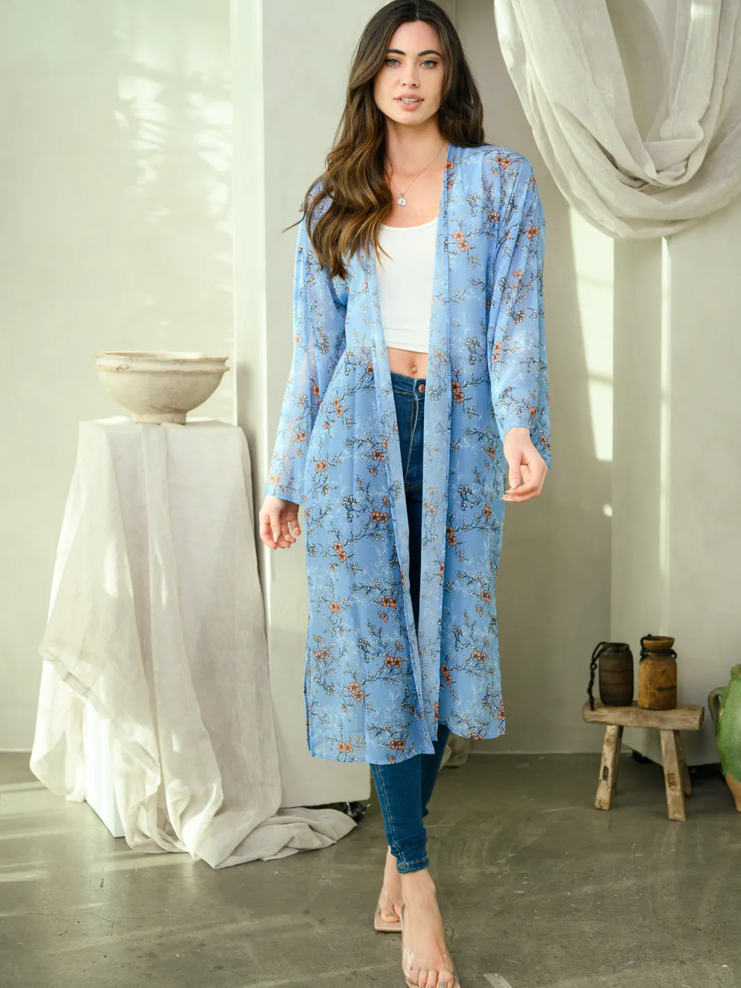 WOMEN'S LONG SLEEVE FLORAL SLIT KIMONO