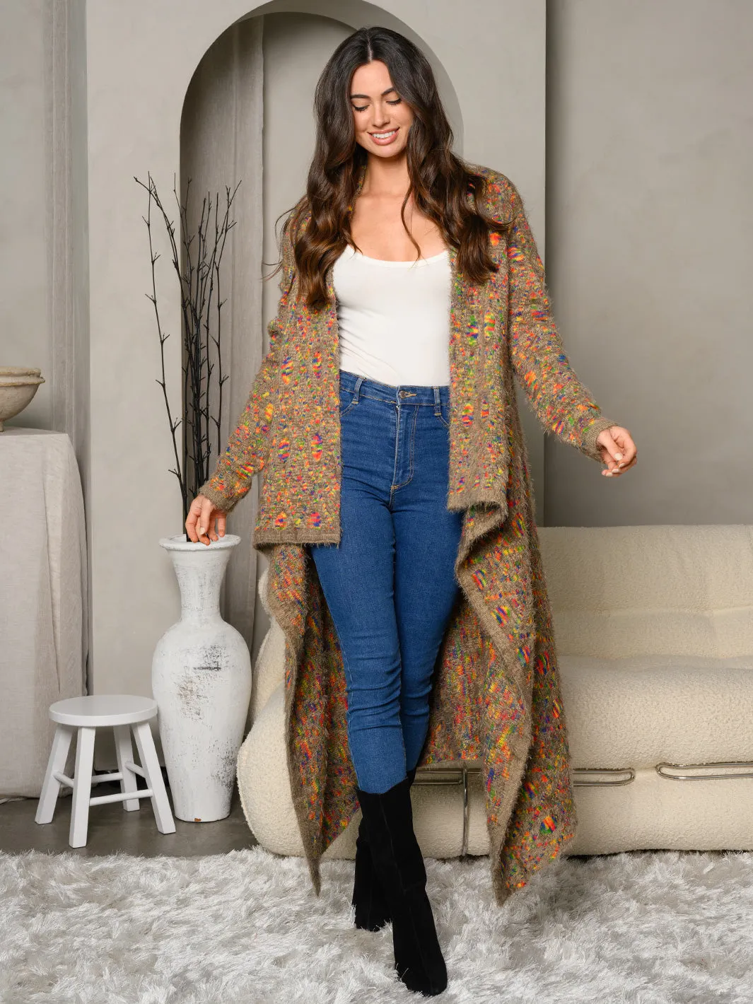 WOMEN'S LONG SLEEVE KNIT FUZZY MULTI COLORS OPEN CARDIGAN