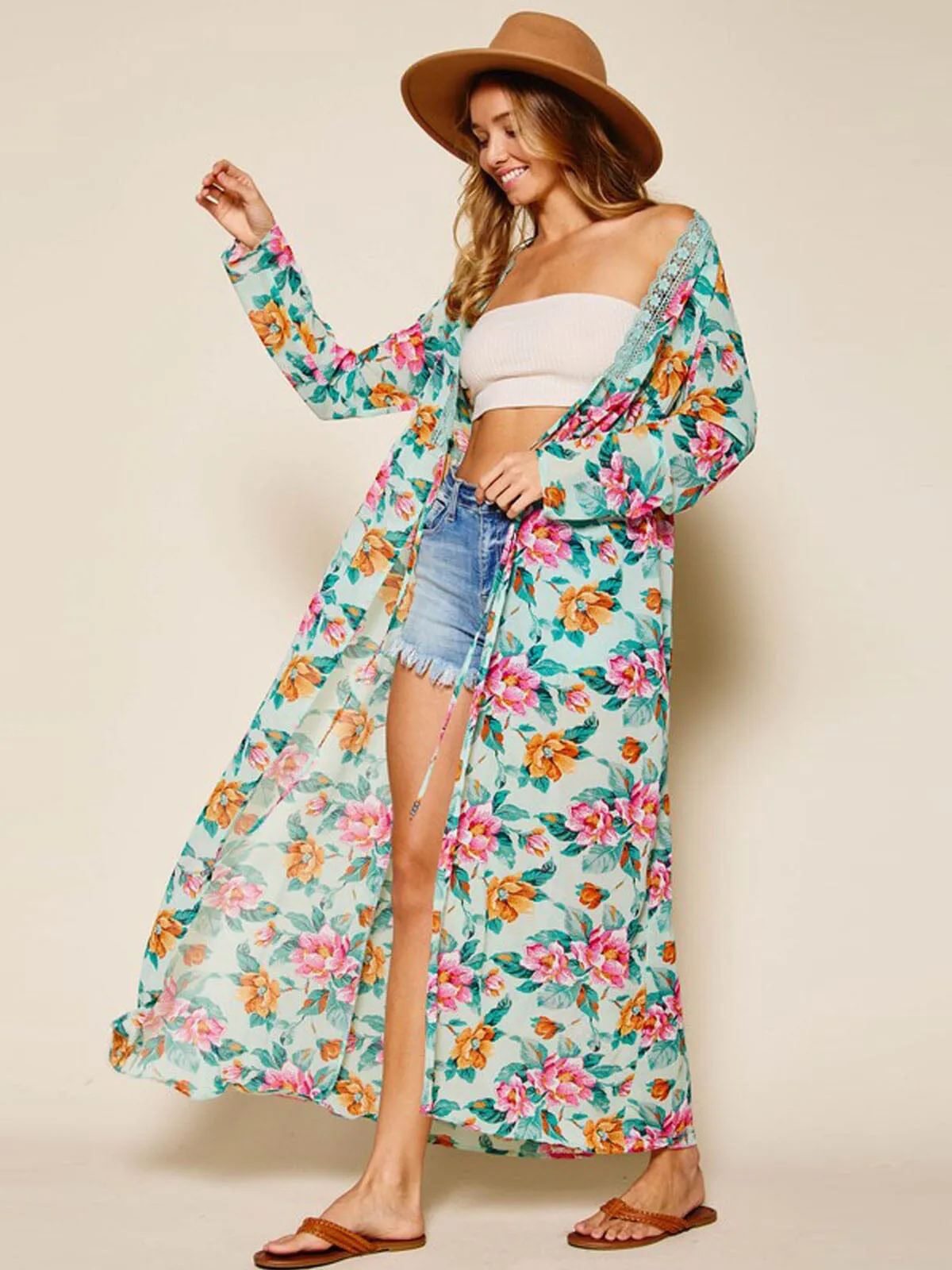 WOMEN'S LONG SLEEVE LACE TRIM FLORAL SELF TIE KIMONO