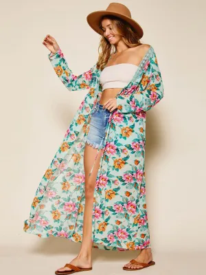 WOMEN'S LONG SLEEVE LACE TRIM FLORAL SELF TIE KIMONO