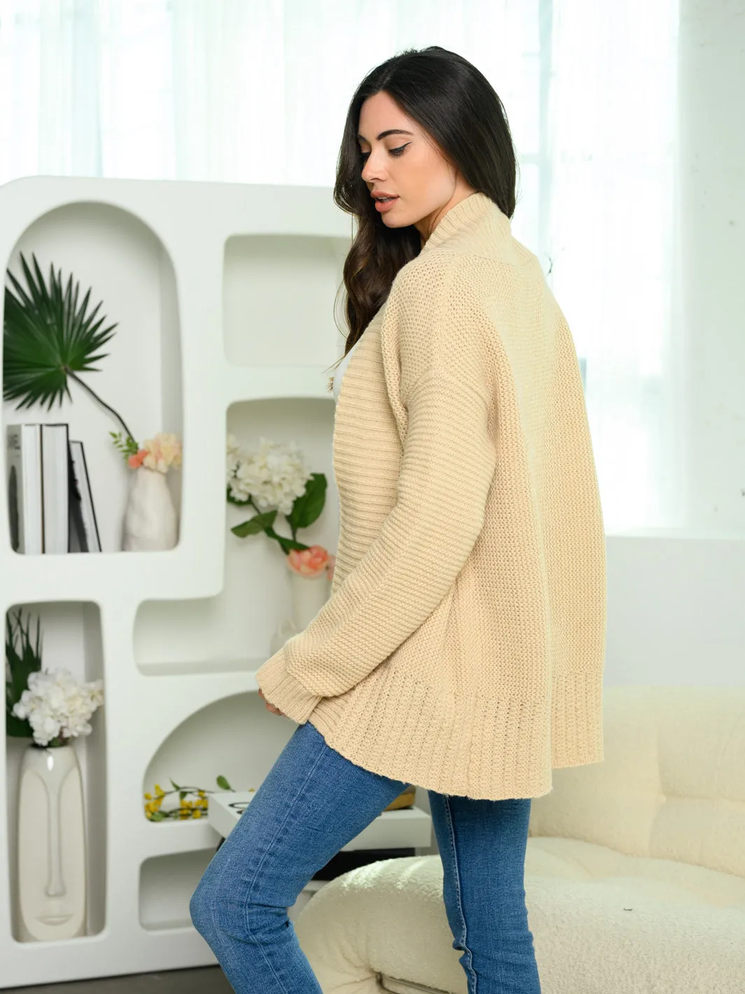 WOMEN'S LONG SLEEVE RIBBED PLACKETS CARDIGAN