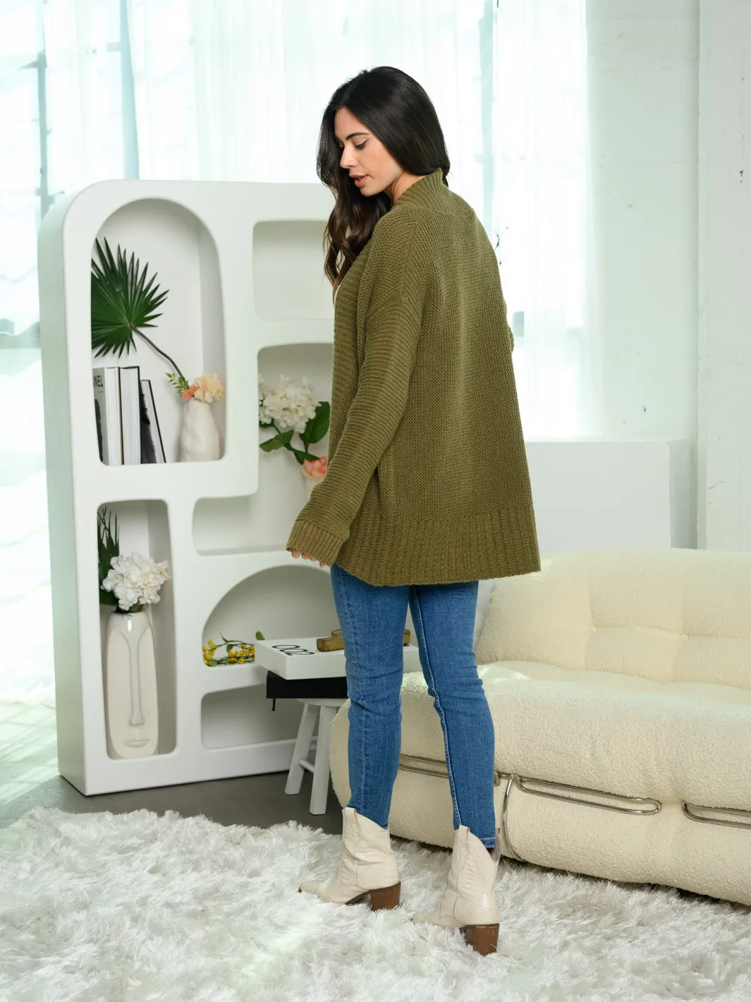 WOMEN'S LONG SLEEVE RIBBED PLACKETS CARDIGAN