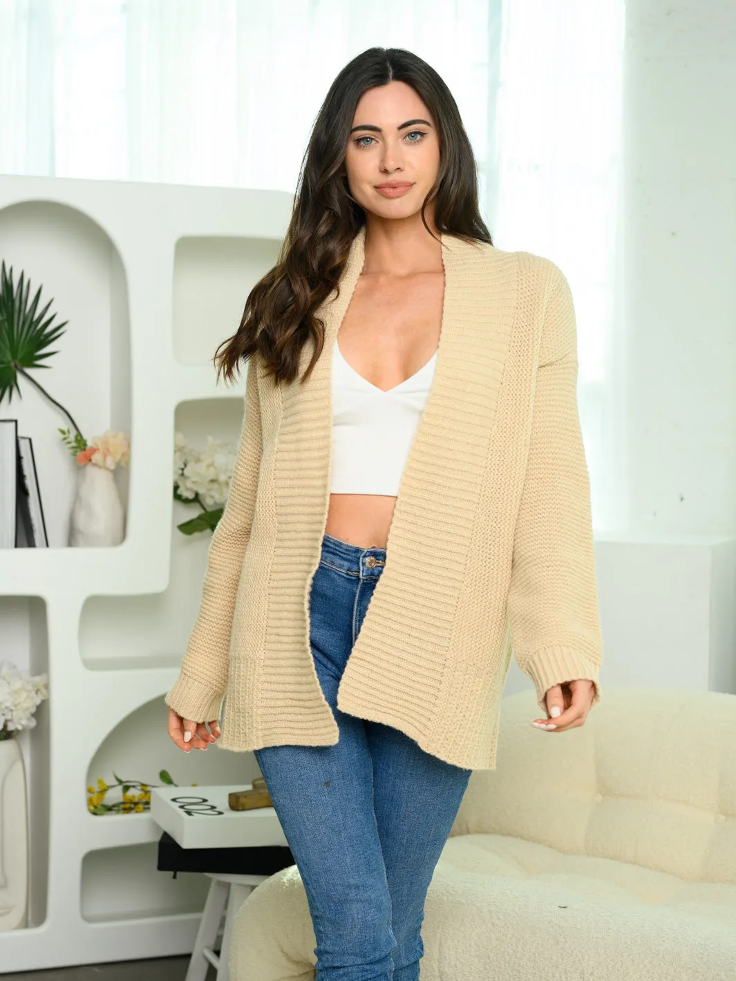 WOMEN'S LONG SLEEVE RIBBED PLACKETS CARDIGAN