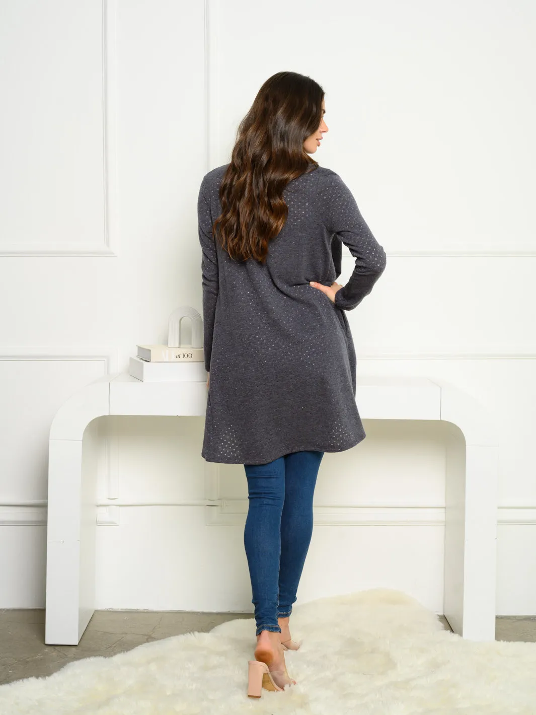 WOMEN'S LONG SLEEVE RUFFLE FRONT SHIMER CARDIGAN