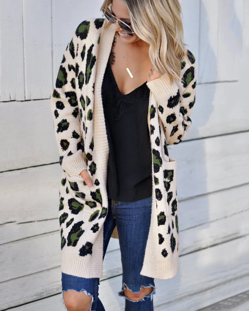 Women'S Long Sleeve Sweaters Long Leopard Cardigan