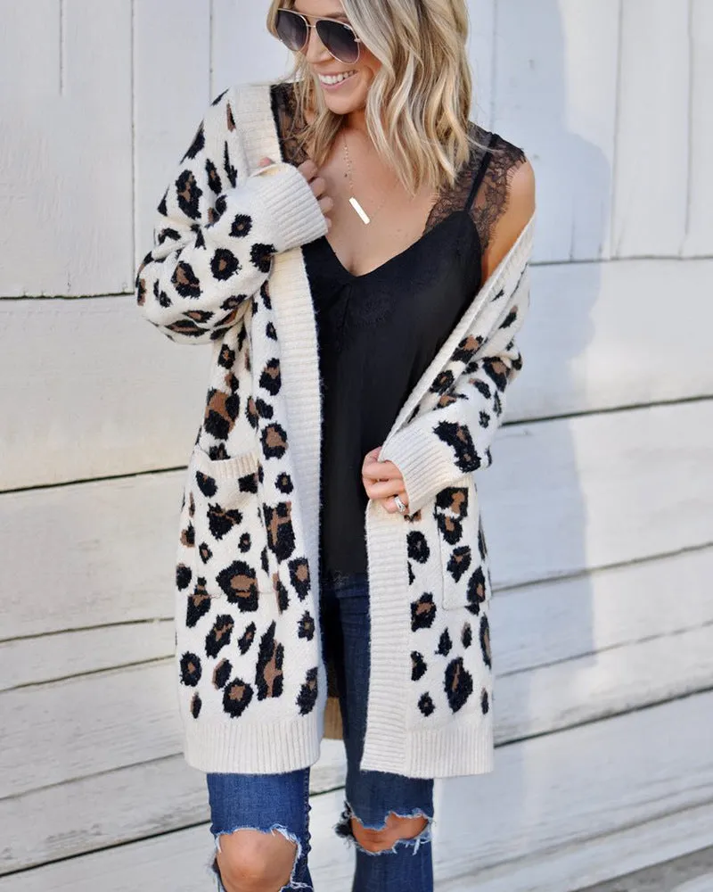 Women'S Long Sleeve Sweaters Long Leopard Cardigan