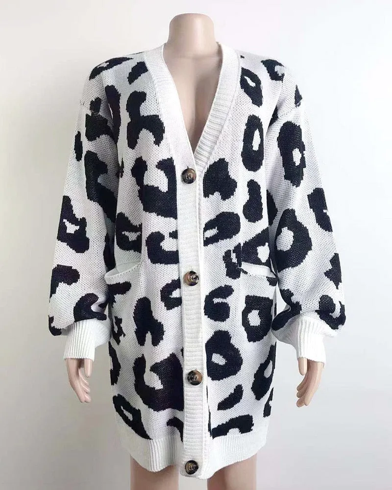 Women'S Long Sleeve Sweaters Long Leopard Cardigan