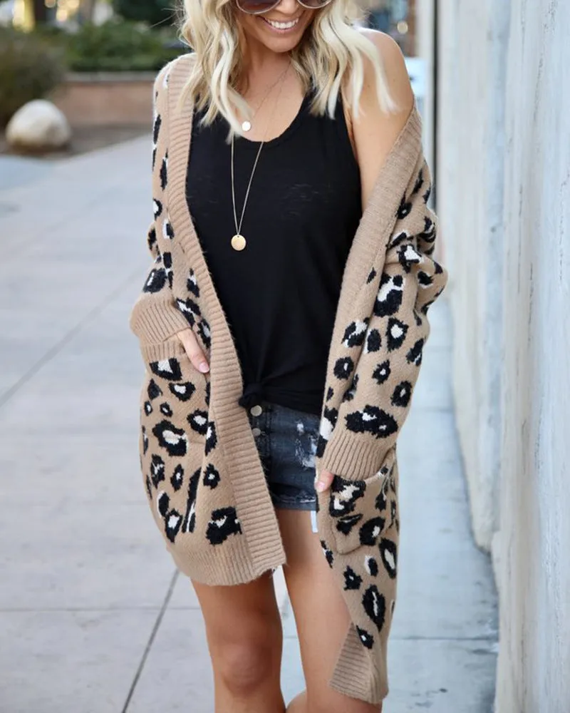 Women'S Long Sleeve Sweaters Long Leopard Cardigan