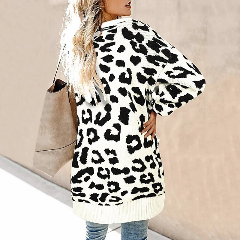 Women'S Long Sleeve Sweaters Long Leopard Cardigan