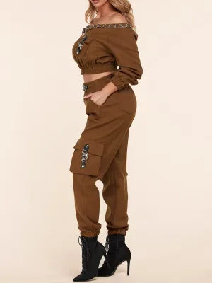 WOMEN'S LONG SLEEVE TOP & CARGO PANTS CHAIN DETAILED SET