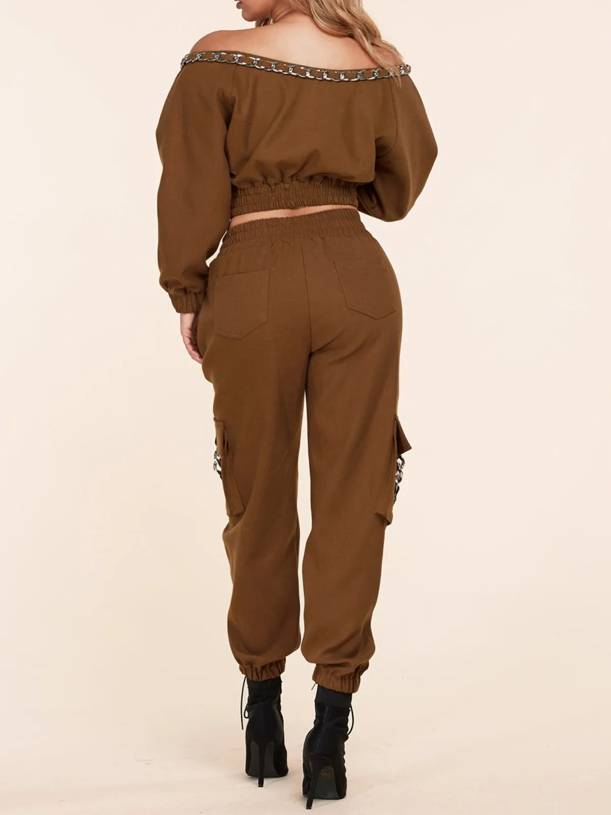 WOMEN'S LONG SLEEVE TOP & CARGO PANTS CHAIN DETAILED SET
