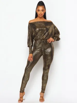 WOMEN'S OFF SHOULDER LONG SLEEVE SELF TIE SHIMMER SKINNY LEG JUMPSUIT
