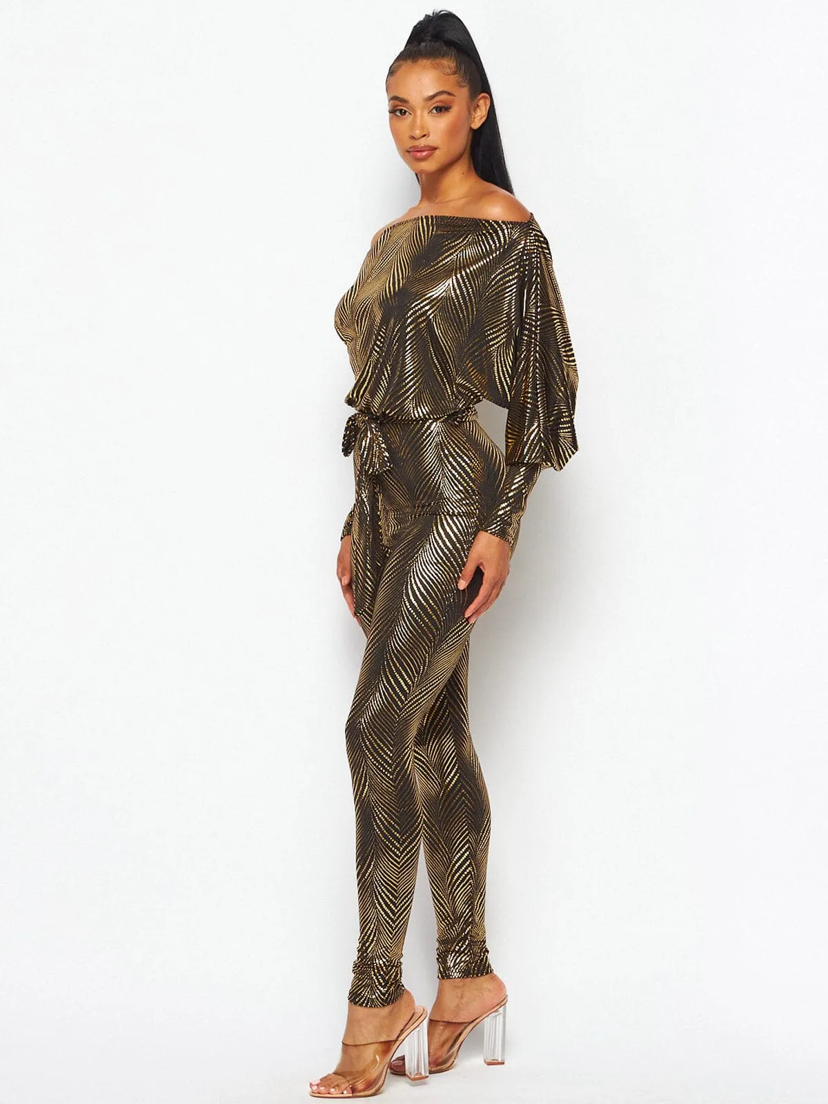 WOMEN'S OFF SHOULDER LONG SLEEVE SELF TIE SHIMMER SKINNY LEG JUMPSUIT