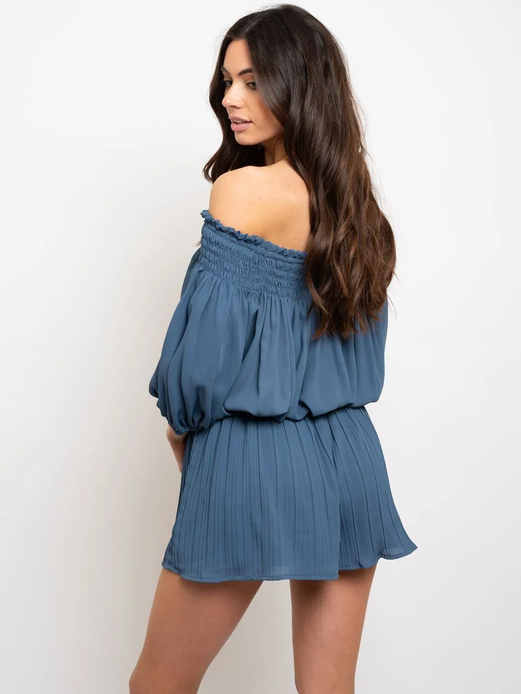 WOMEN'S OFF SHOULDER PLEATED RUFFLE ROMPER SMOCKING DETAIL ROMPER