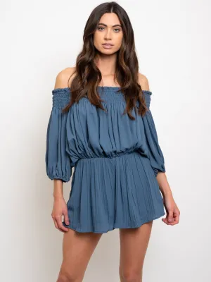 WOMEN'S OFF SHOULDER PLEATED RUFFLE ROMPER SMOCKING DETAIL ROMPER