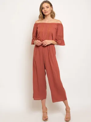 WOMEN'S OFF SHOULDER RUFFLE DETAIL JUMPSUIT