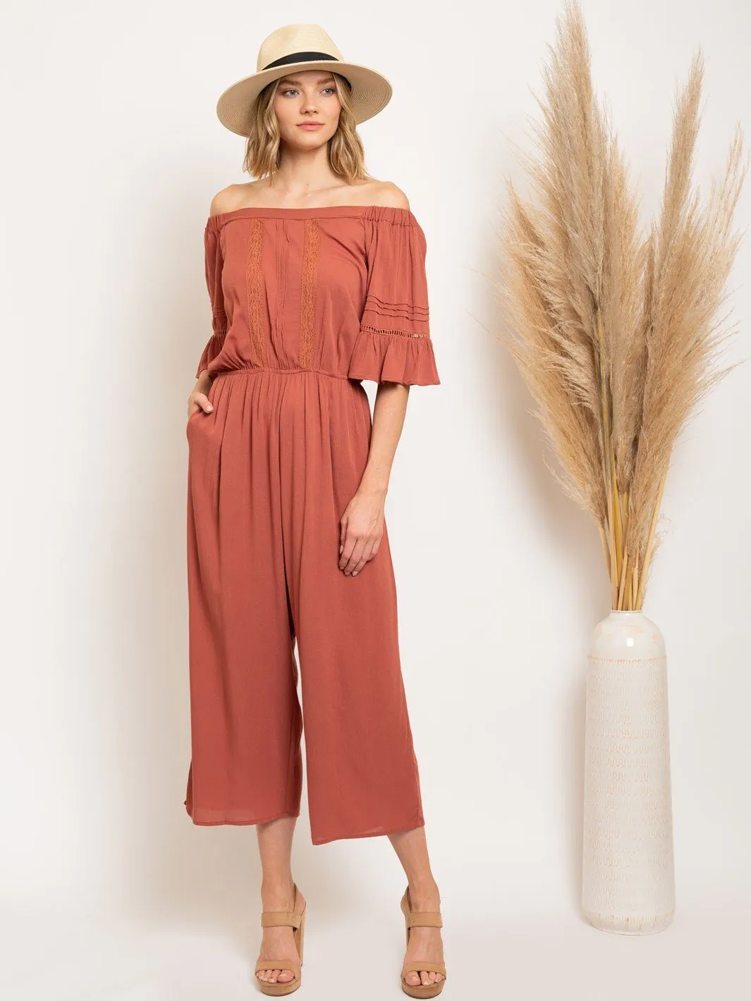WOMEN'S OFF SHOULDER RUFFLE DETAIL JUMPSUIT