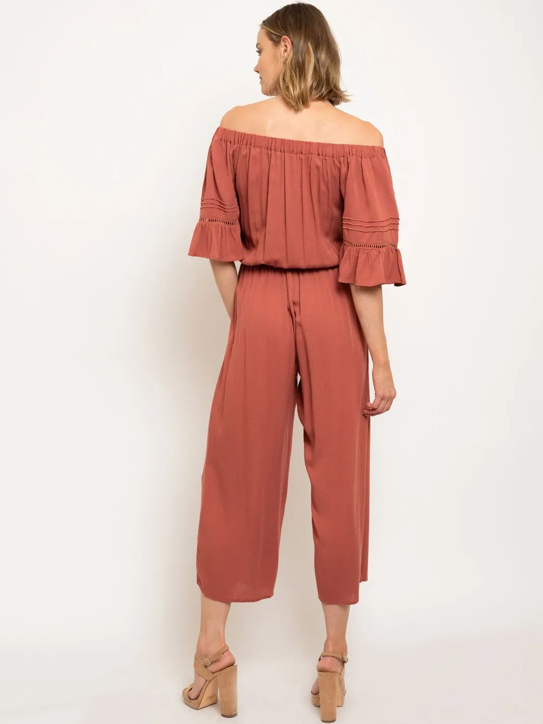 WOMEN'S OFF SHOULDER RUFFLE DETAIL JUMPSUIT