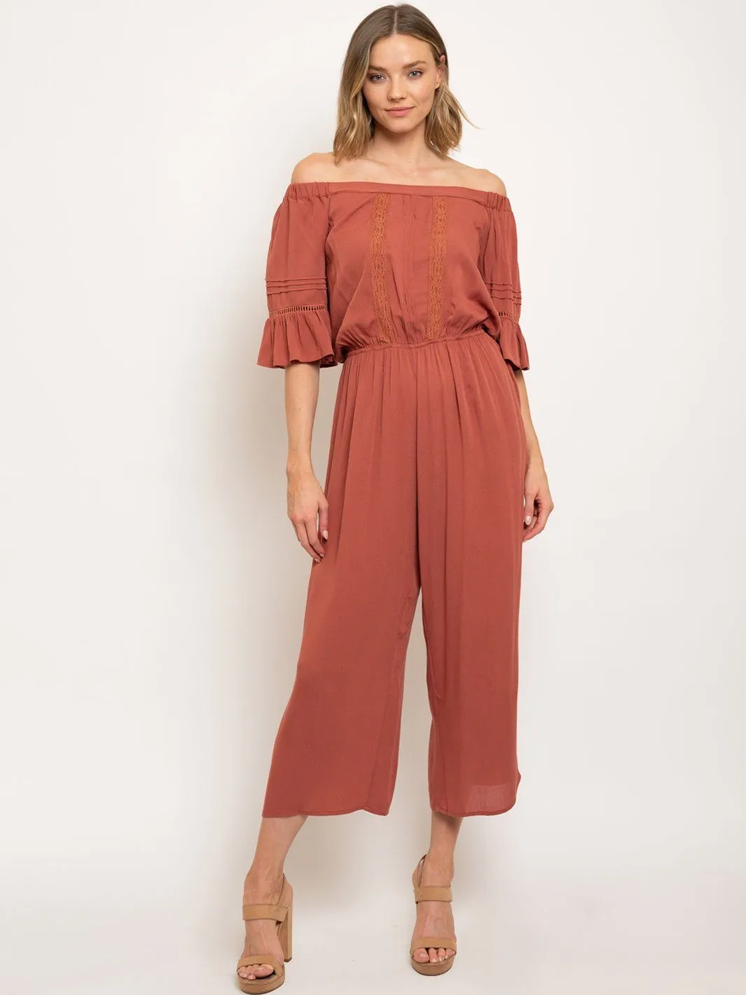 WOMEN'S OFF SHOULDER RUFFLE DETAIL JUMPSUIT