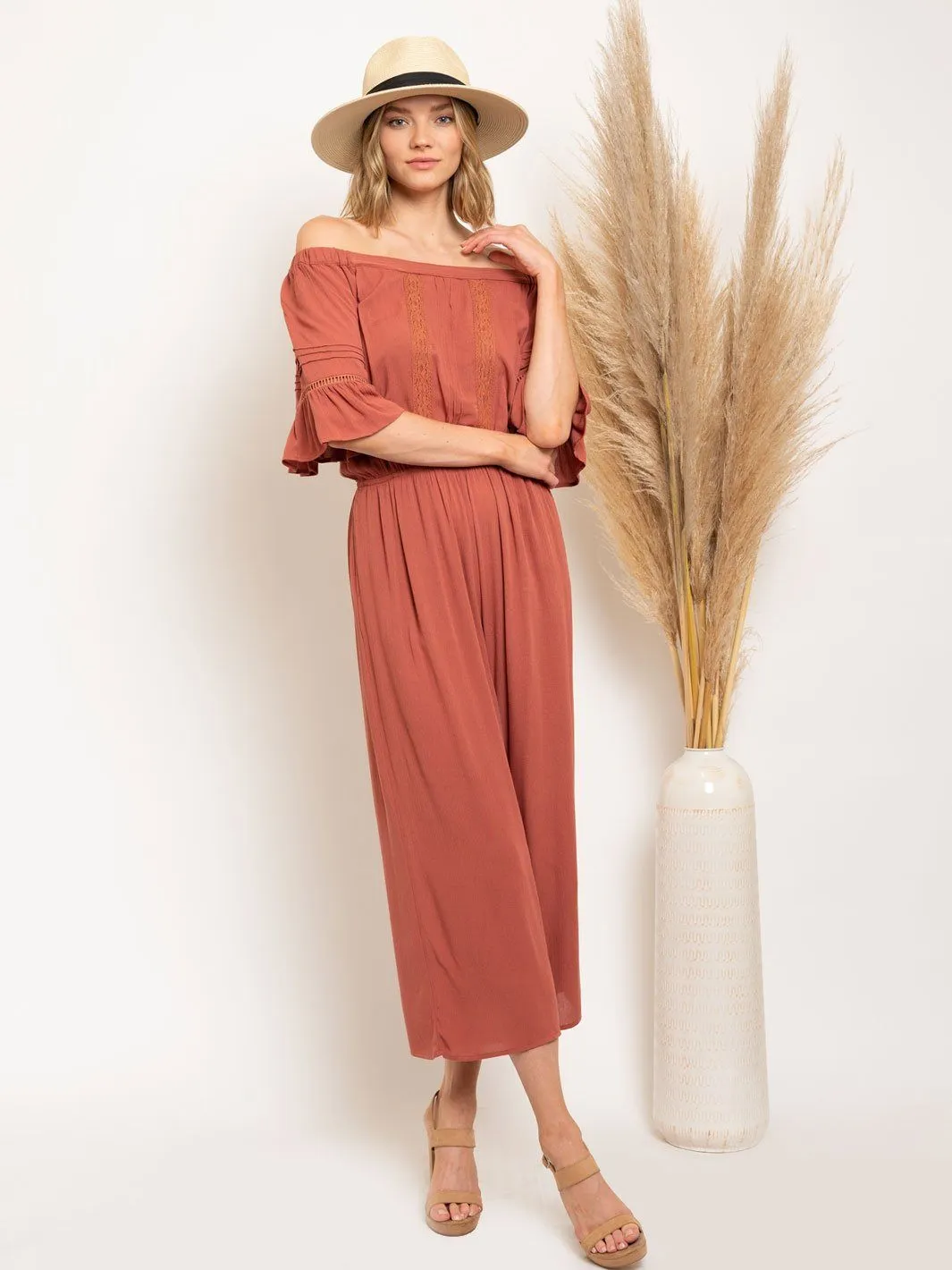WOMEN'S OFF SHOULDER RUFFLE DETAIL JUMPSUIT