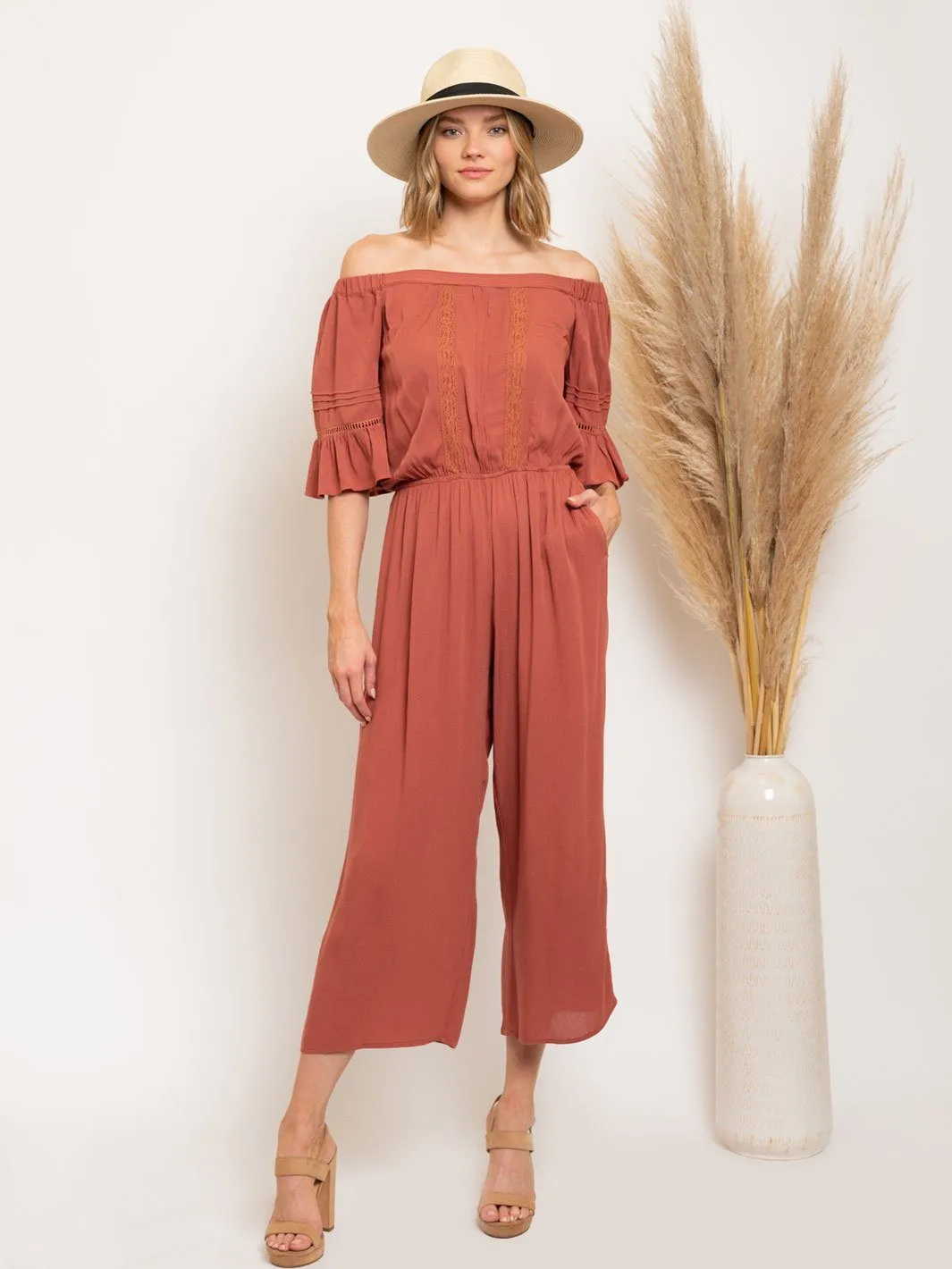 WOMEN'S OFF SHOULDER RUFFLE DETAIL JUMPSUIT