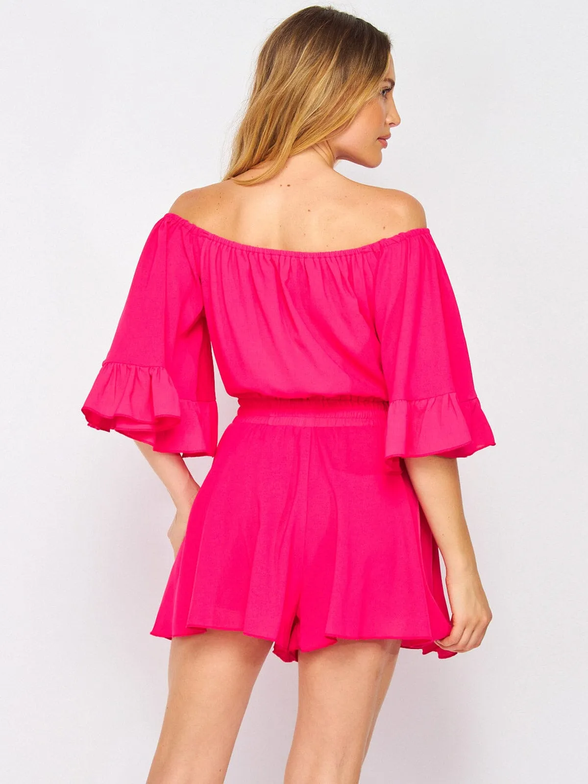 WOMEN'S OFF SHOULDER RUFFLE SLEEVES SMOCK WAIST ROMPER