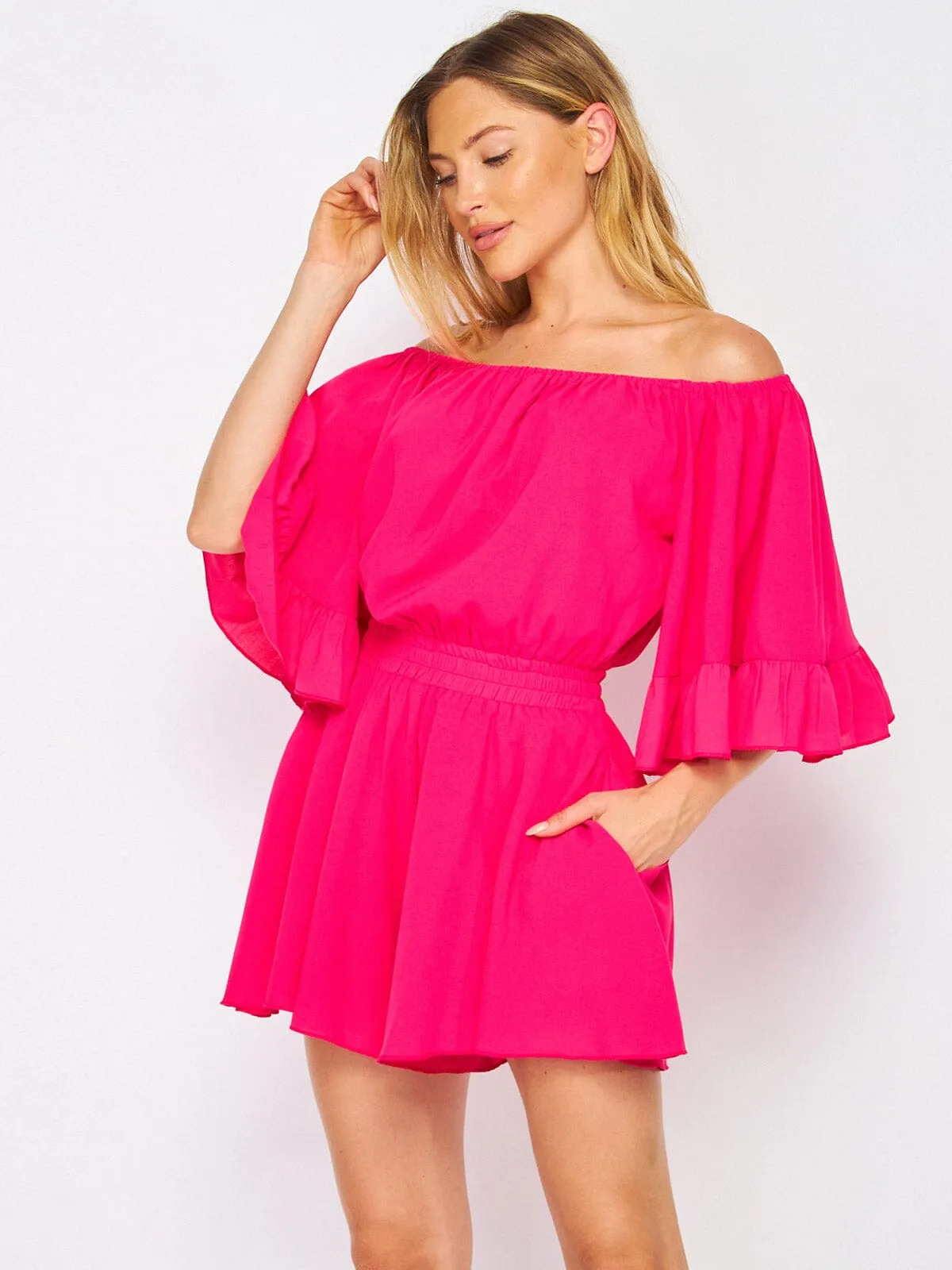 WOMEN'S OFF SHOULDER RUFFLE SLEEVES SMOCK WAIST ROMPER