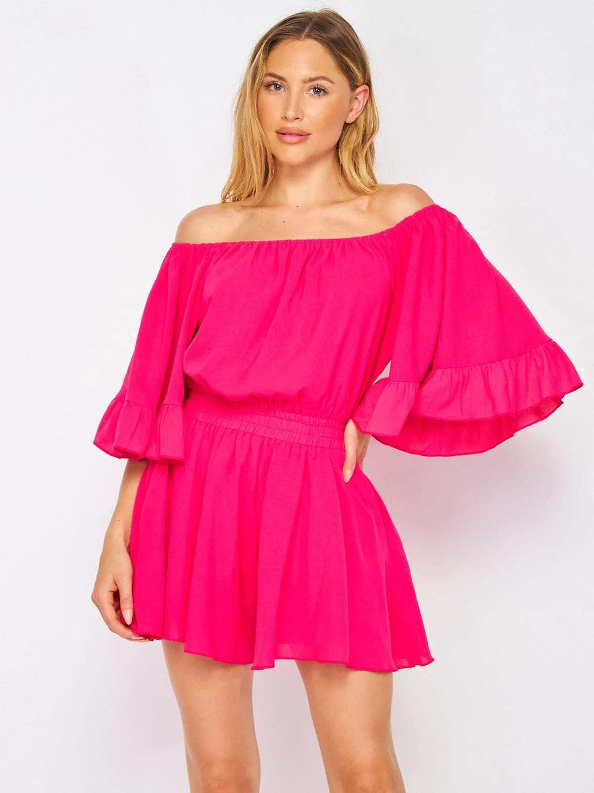 WOMEN'S OFF SHOULDER RUFFLE SLEEVES SMOCK WAIST ROMPER