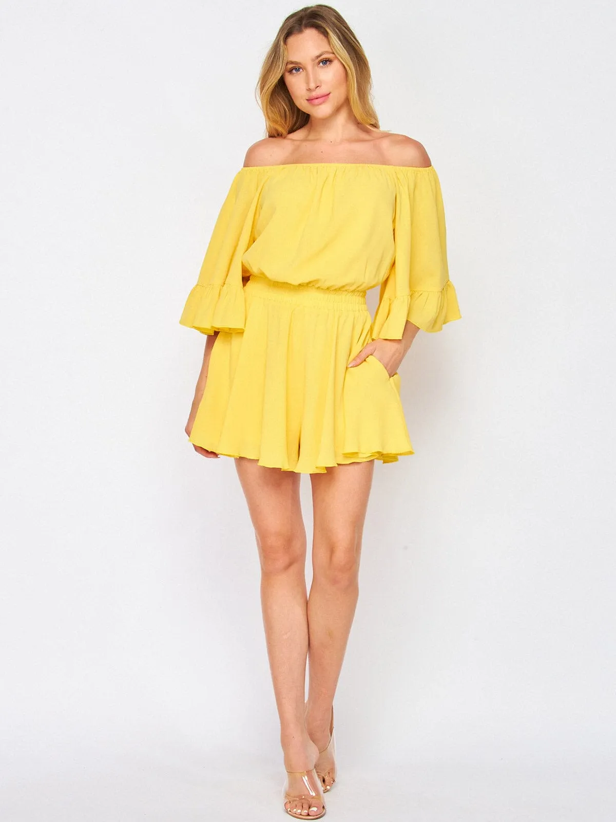 WOMEN'S OFF SHOULDER RUFFLE SLEEVES SMOCK WAIST ROMPER