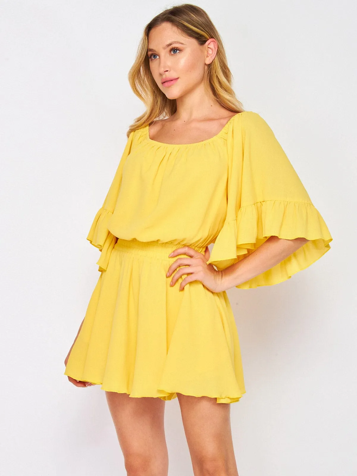WOMEN'S OFF SHOULDER RUFFLE SLEEVES SMOCK WAIST ROMPER