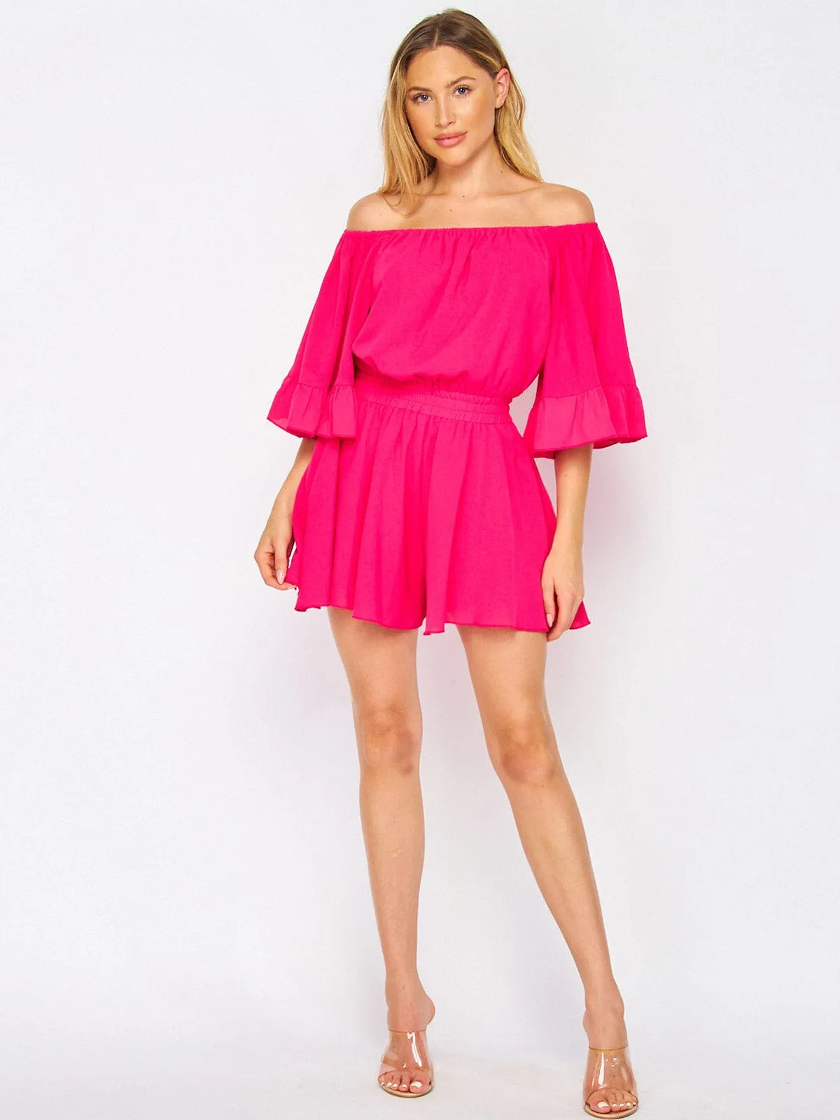 WOMEN'S OFF SHOULDER RUFFLE SLEEVES SMOCK WAIST ROMPER