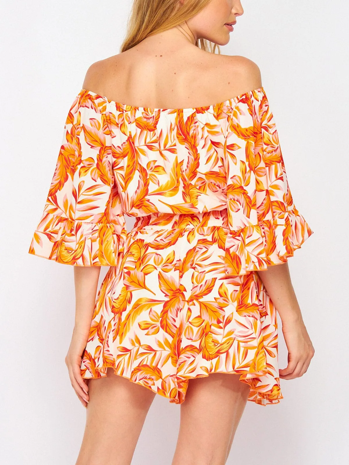 WOMEN'S OFF SHOULDER SMOCK WAIST POCKETS LEAF PRINT ROMPER