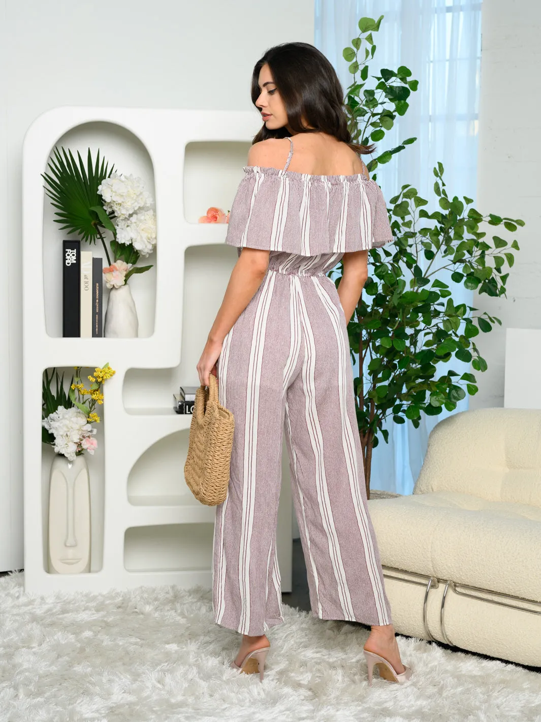 WOMEN'S OFF SHOULDER STRIPES RUFFLE JUMPSUIT