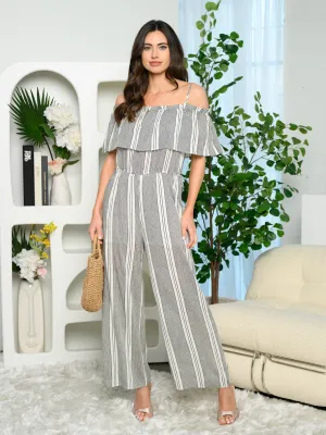 WOMEN'S OFF SHOULDER STRIPES RUFFLE JUMPSUIT
