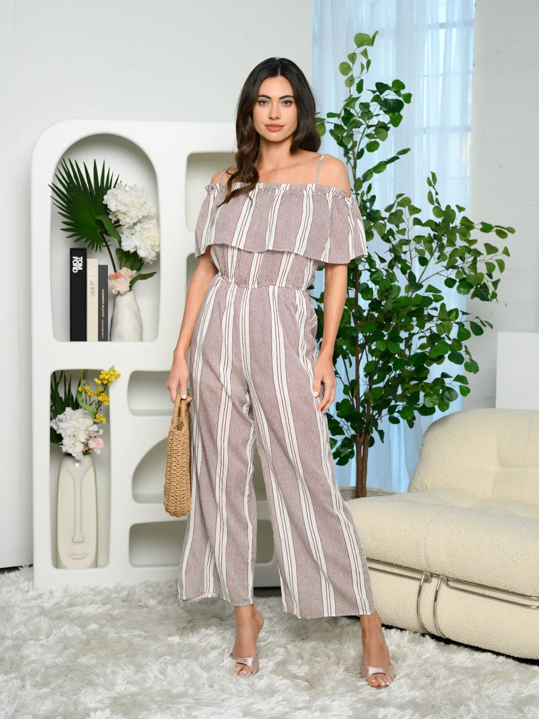 WOMEN'S OFF SHOULDER STRIPES RUFFLE JUMPSUIT