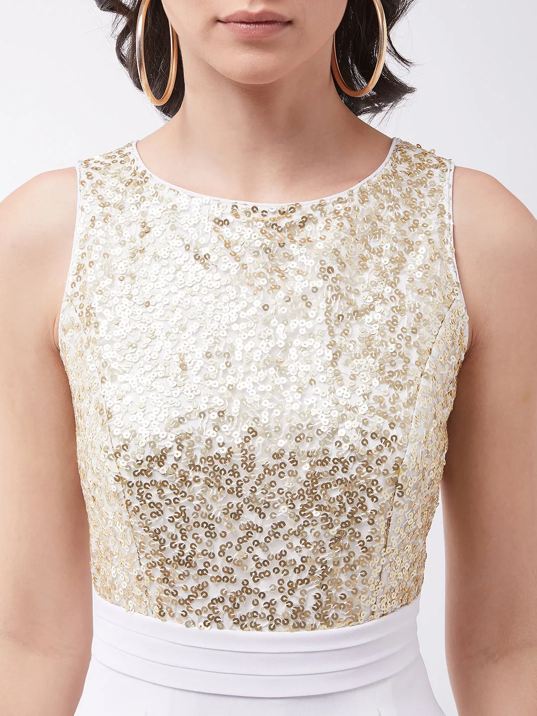 Women's Off-White Solid Relaxed Fit Round Neck Sleeveless Sequined Party Jumpsuit