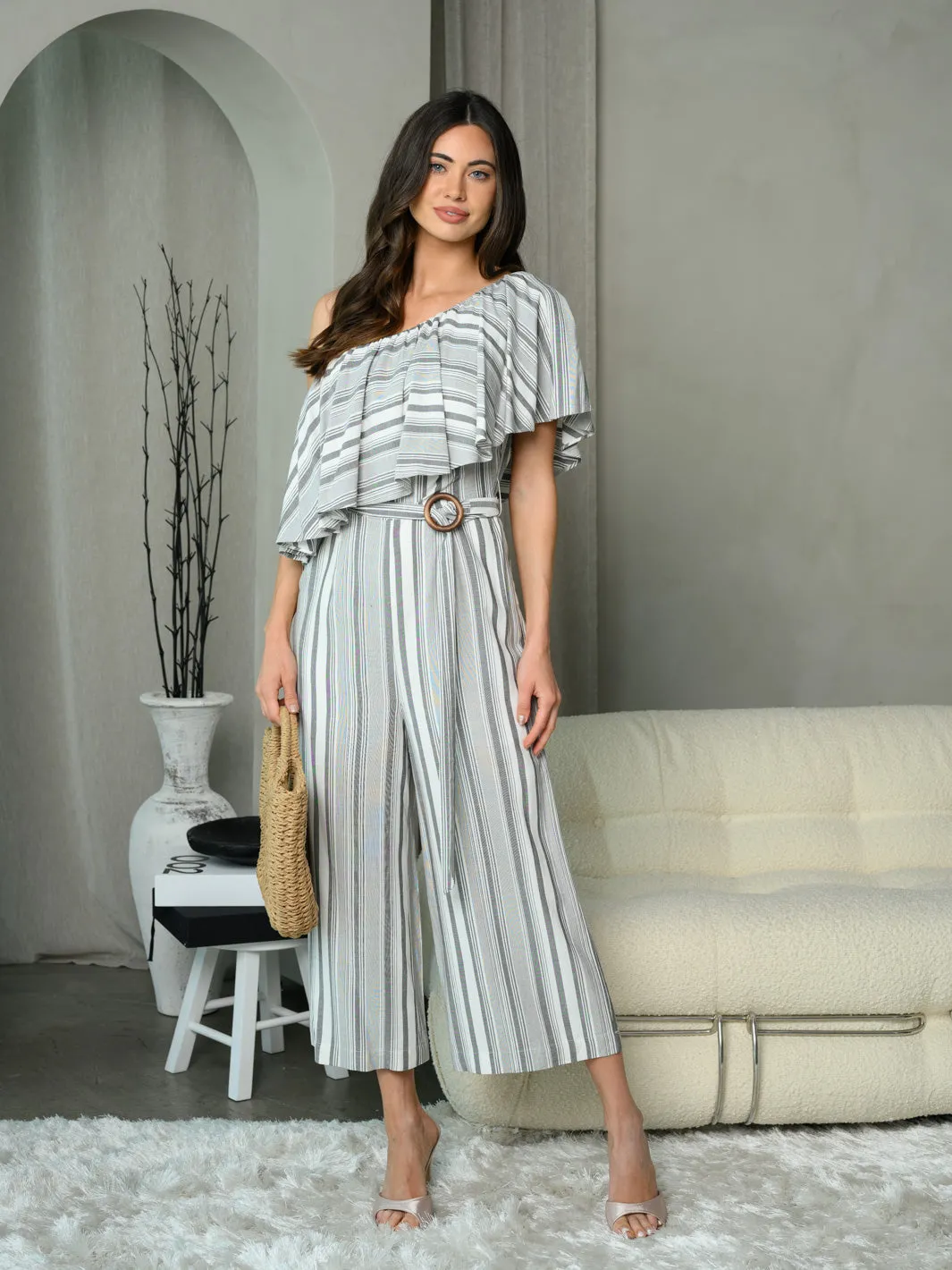 WOMEN'S ONE SHOULDER CROPPED STRIPE JUMPSUIT