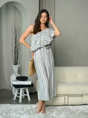 WOMEN'S ONE SHOULDER CROPPED STRIPE JUMPSUIT